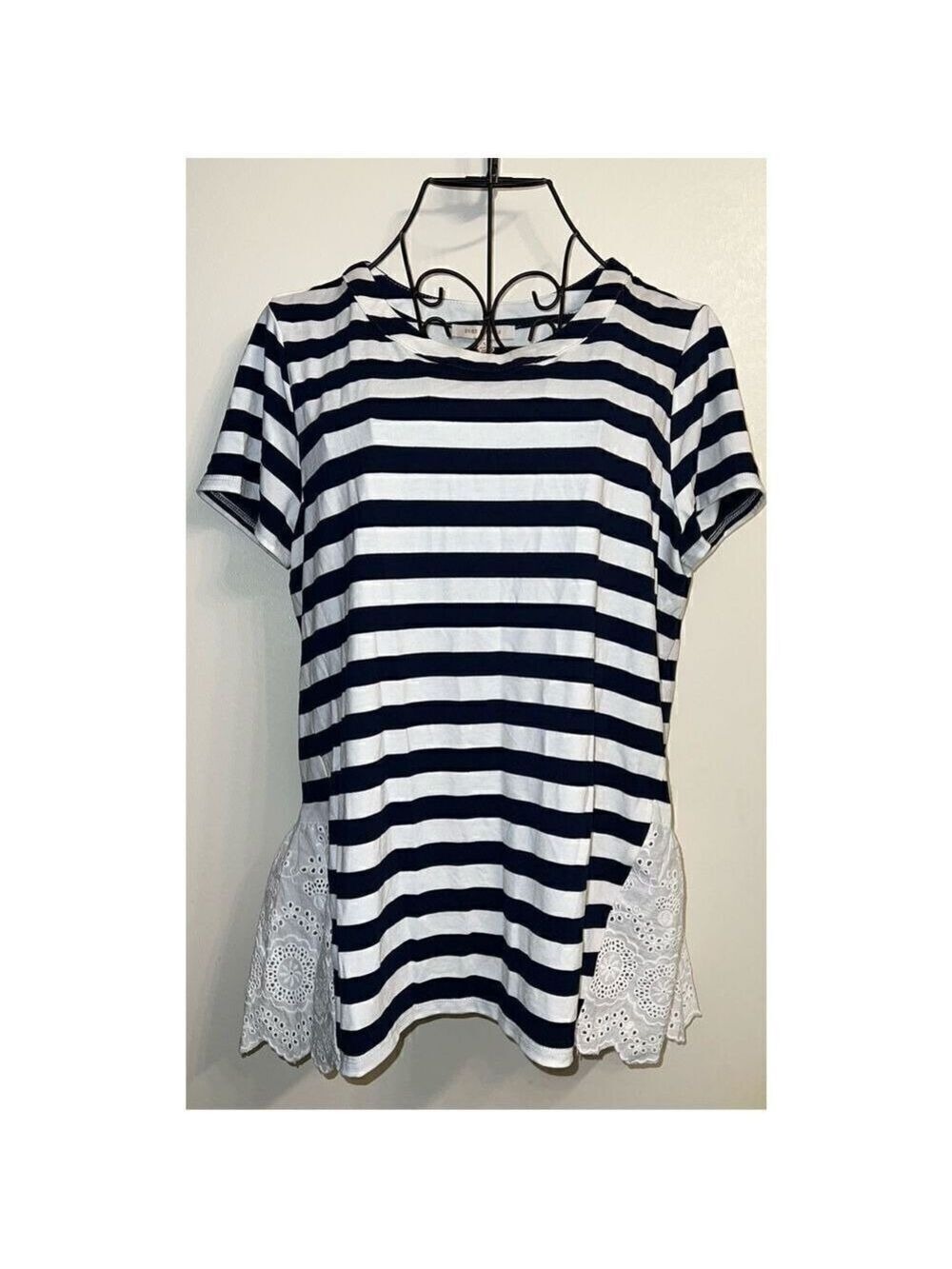 Skies are Blue Striped Lace Detail Tee Shirt (Small)